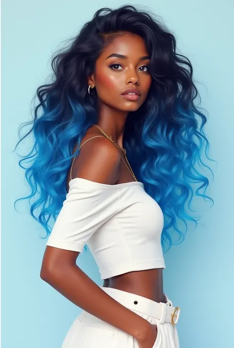 A girl with curly hair dyed blue at the ends, peau caucasienne, with blue eyes, Senegalese cute body,A white top and white skirt