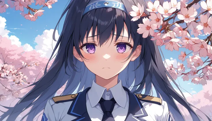 anime, girl, long hair, cherry blossom, sad, regulation uniform,