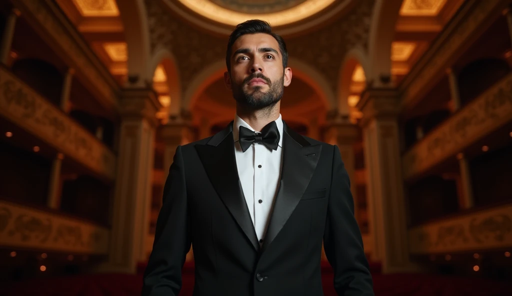 An Italian opera male singer is standing on a majestic opera stage. He is wearing a tuxedo suit like a vocalist and is looking straight ahead. It is a posture like an ID photo, with the face and chest looking straight ahead. His expression is serious. High...