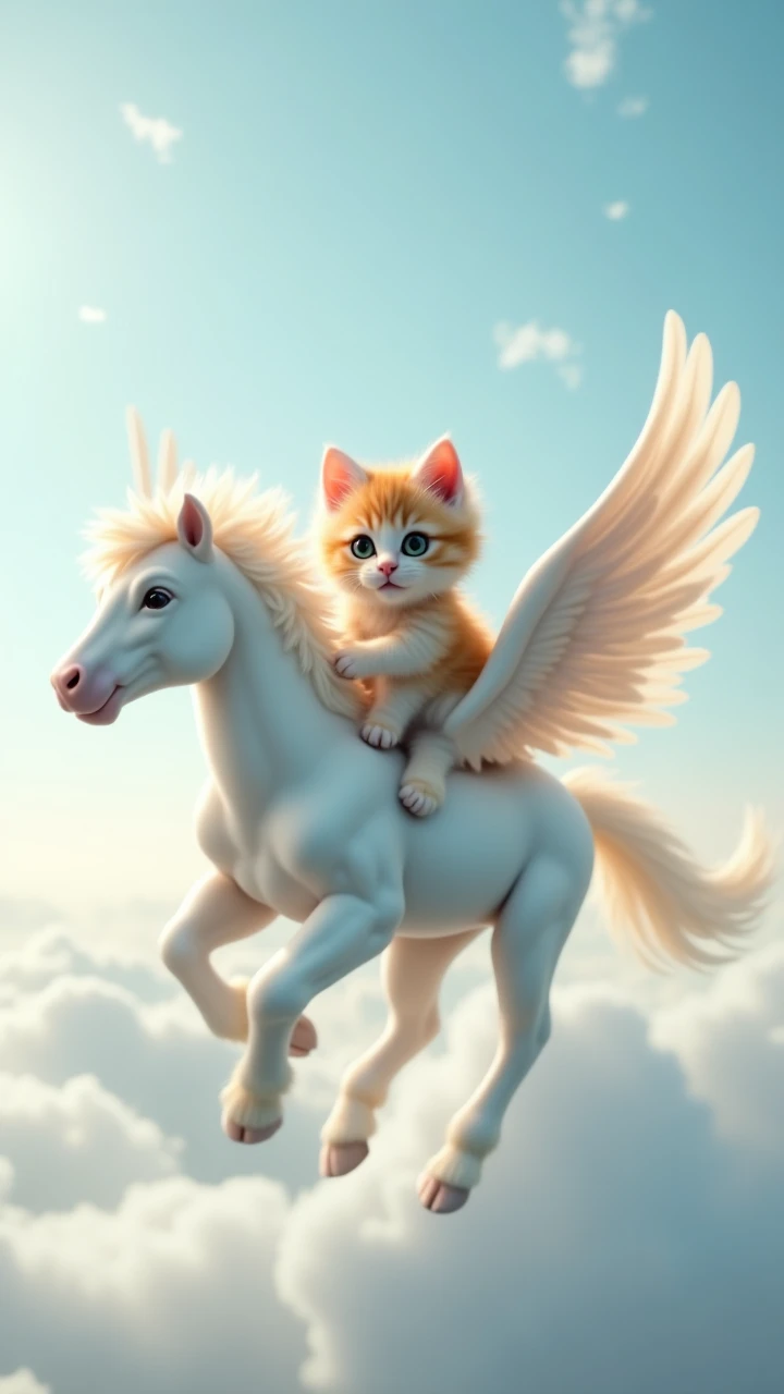 A realistic kitten is flying in the sky on a Pegasus