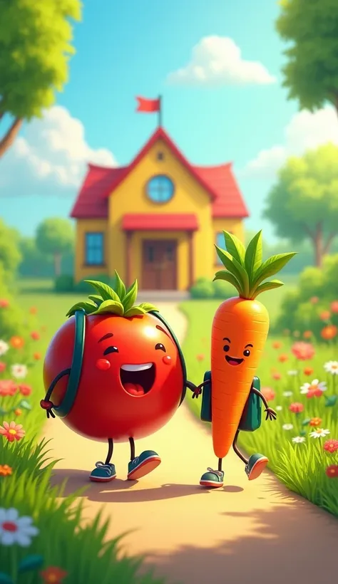 "A cartoon-style tomato and carrot walking together toward a colorful vegetable school. The tomato is carrying a large, slightly oversized backpack, struggling to keep balance, while the carrot has a light backpack and is walking happily. The path is surro...