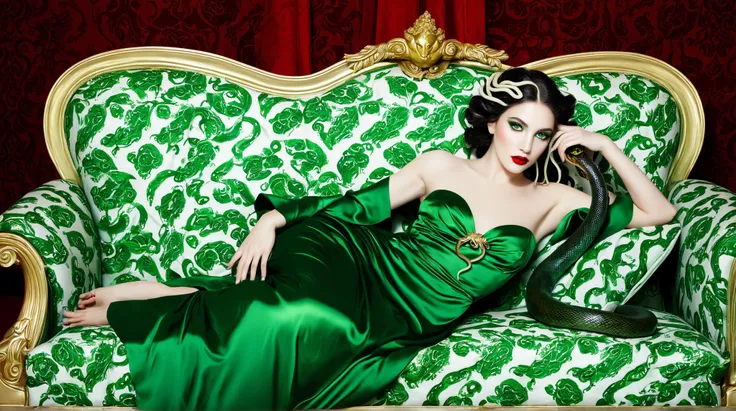 beautiful Medusa、((Woman with snake hair))、A woman with a snake's head、with three white eyes like a snake、 red lips、 beautiful woman、Lie with your elbows on a beautiful damask couch sofa、Relax in an elegant atmosphere 、Medusa wearing a beautiful dark green...