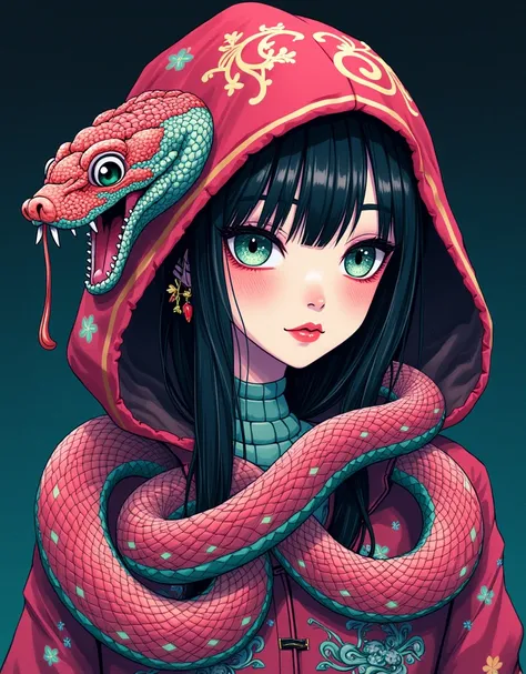 A snake woman is depicted in a mysterious illustration。

She likes fashion and styles that combine casual, rough and rap、It is in harmony with the mysterious illustration。

The face is depicted as a sweet woman's face incorporating the image of a snake。

T...