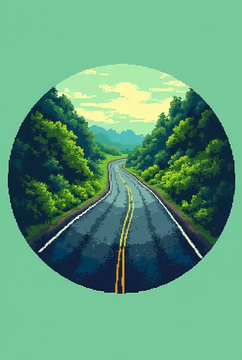 MAKE A LOGO WITH A PIXELATED BUT SLIGHTLY REALISTIC ASPHALT ROAD WITH A GREEN BACKGROUND AND THE ROAD MUST HAVE CURVES AND WITH THE NAME 'JMV TRANSPORTES' RIGHT IN THE MIDDLE AT THE BOTTOM, The logo must be round 