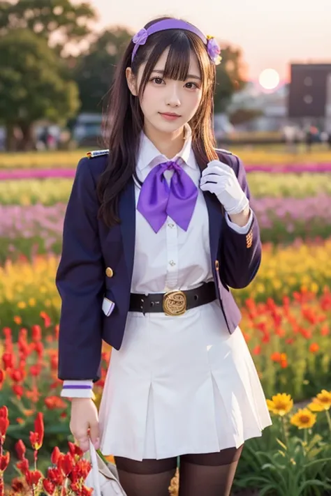  1 girl, Alone,
Ashigara \( fleet this\),
uniform, white hairband,  purple jacket ,  neckerchief , white gloves, Black Belt,   black skirt ,  miniskirt,   pencil skirt,  white pantyhose,
 Outdoors ,Romantic sunset,  watch viewers , colorful flower fields,