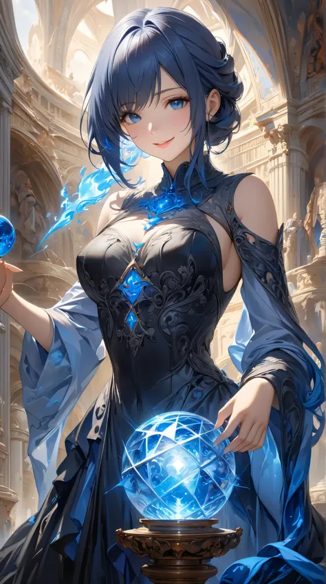 (( best quality)),( super high definition),( very detailed),(  Detailed Help ),(( best CG )),( Best Works of Art ), Ultra Precision Art , Amazing Paintings ,(Fine Fine Art :1.5), woman, smile, octahedral orb, The blue flame flickering in the orb