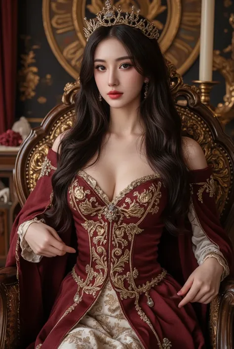 A beautiful very powerfull  filthy rich billionaire medieval  gorgeous royal  queen  take photo  she  have long hair she look fresh clean 