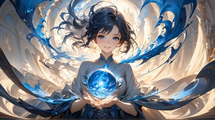 (( best quality)),( super high definition),( very detailed),(  Detailed Help ),(( best CG )),( Best Works of Art ), Ultra Precision Art , Amazing Paintings ,(Fine Fine Art :1.5), woman, smile, octahedral orb, The blue flame flickering in the orb