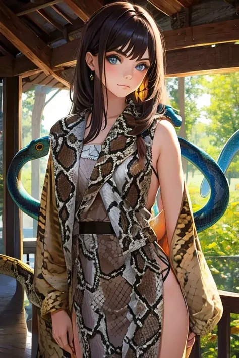 Photo of a beautiful girl, wearing a snake, (masterpiece, best quality:1.2) 