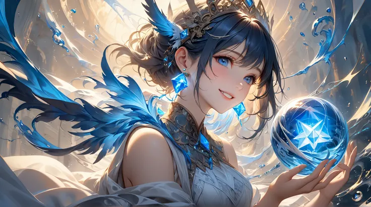 (( best quality)),( super high definition),( very detailed),(  Detailed Help ),(( best CG )),( Best Works of Art ), Ultra Precision Art , Amazing Paintings ,(Fine Fine Art :1.5), woman, smile,  octahedron , Feather ornament, Sharp makeup, water earring,  T...