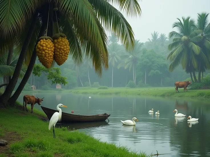 A serene rural scene by the edge of a pond with a large toddy palm tree holding two ripe palm fruits, and some floating on the water. The surroundings are lush green with grass and trees, under a light rainfall. In the middle of the pond, a small wooden bo...