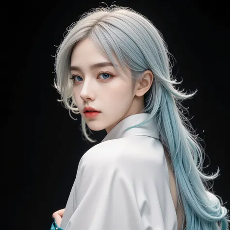No nudity, Turning face, Unrevealing white kimono, background black, Photorealistic, High-definition CG, best image quality, 8k, HQ, Ultra Fine , Extremely detailed skin and expression , Detailed texture, super long hair with a gradation of white and ...