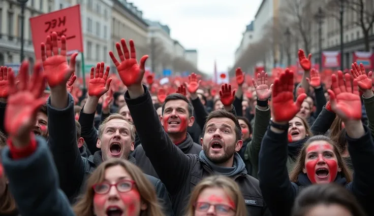 Large crowd of man and woman, various ages, in a protest or demonstration, outdoors, in urban setting, with multi-story buildings in background and baners with red print 'Good day for revolution' . People are raising their arms in a unified, similar gestur...