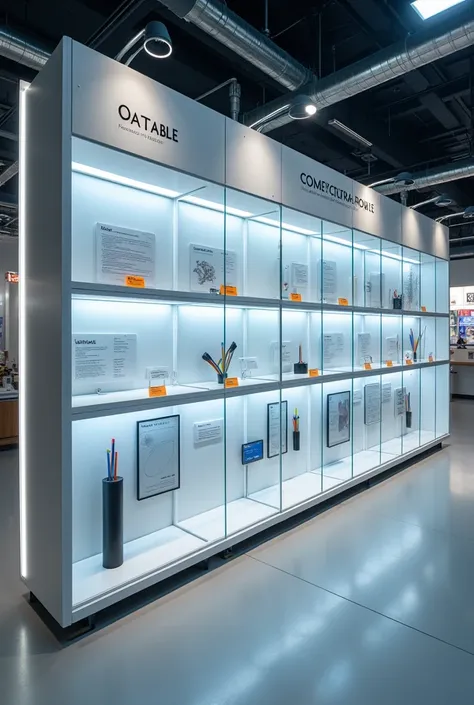 Generate a display divided by sections where samples of electrical cables can be placed for a reception of a cable manufacturing plant in a reception of a plant that produces electrical cables