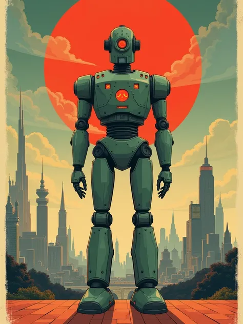 a poster of a robot standing on a platform in front of a city, retro sci - fi art, inspired by Tom Whalen, tom whalen 8 k, by Tom Whalen, dan mcpharlin, art deco sci fi, retro futuristic comics, dan mumford and pixar, by Tim Biskup, retro sci-fi, retro sci...