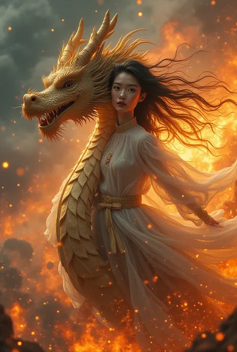 Gambar ke-1 berhasil dibuat! - *Prompt:* _surrealism, disaster background, fire typhoon, fractal, intricate, detailed, complex, deadly. The focus is on an elegant smile look at camera Korean woman with highlighted gray, long messy yet neat hair, flying in ...