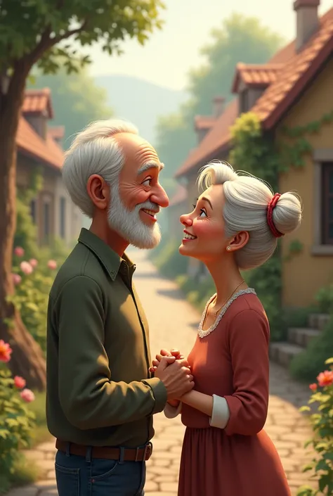 Old man and woman in love in a small village 