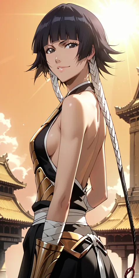 anime screencap, Soi fon from bleach, bright smile, sexy, black eyes, black hair, solo shot, portrait, petite perky breasts, round ass, temple, sexy golden armor, gold armour, glorious armor, masterpiece, beautiful sunlight, adult, sunrise, full body shot,...