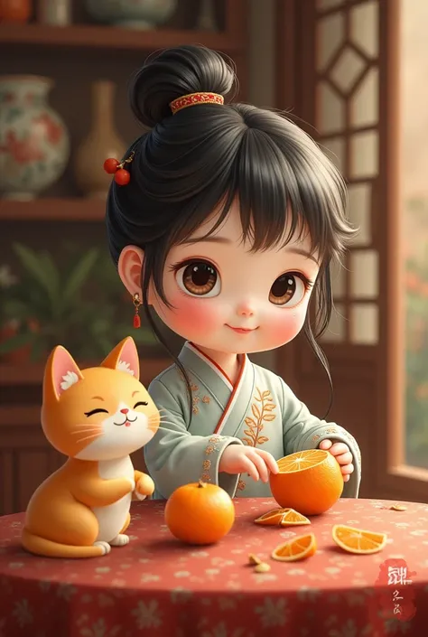 Guofeng hand-painted style ，女孩身着Ancient汉服， sitting behind a table peeling oranges ，So cute and lovely， and an orange cat sitting on the table next to it， girl feeds a tangerine to the cat 。Girls are naughty，clever，The hair is stuck with a hairpin，tassel， T...