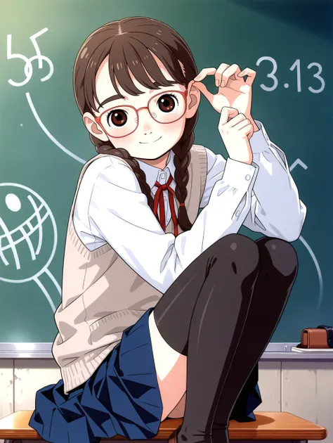 ,braid,glasses,,smile,junior high school,school uniform,skirt,thighhighs,13yo