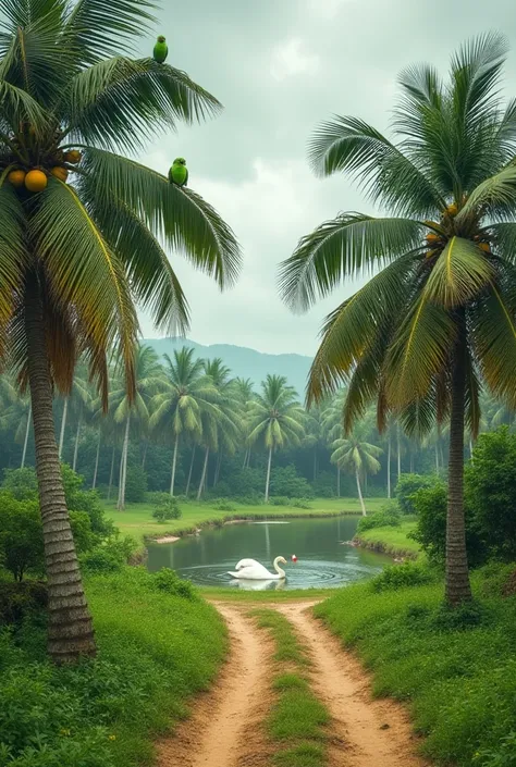 A charming rural scene with a green dirt path lined with coconut trees bearing plenty of young coconuts. Two green parakeets perch on one of the coconut trees. Nearby, there is a small pond where two white swans gracefully float. The ground is covered with...