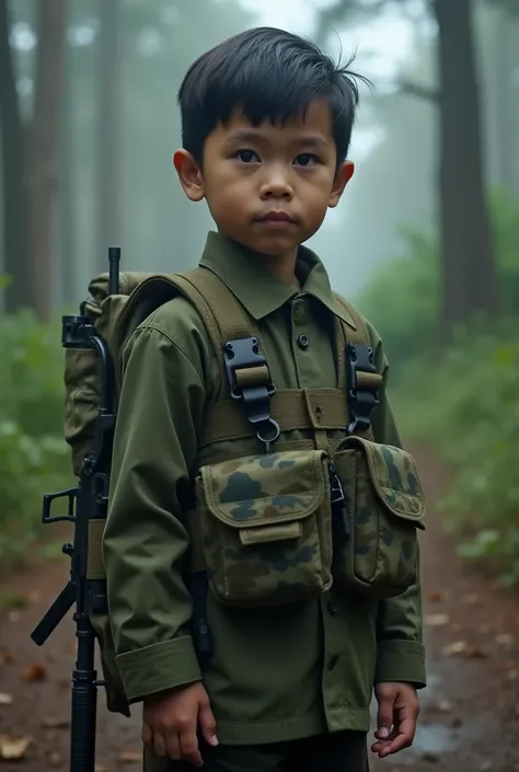 Here is “An Indonesian boy aged about  wearing a military uniform complete with a green camouflage pattern. The boy carried military equipment such as a large backpack on his back and held a toy gun. His face shape is slightly elongated and small, looks se...