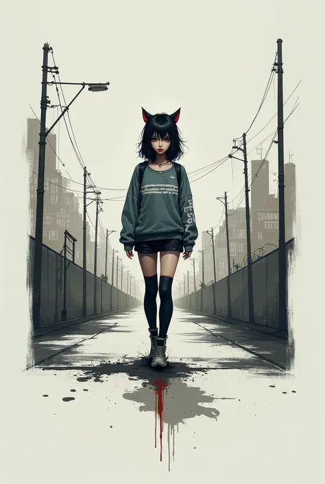 Angry woman with dark hair and cat ears standing on a city street, Pictures inspired by Kano Naizen, Tumbler,  graffiti,  dark-haired girl,  with a white background she is wearing streetwear,  cyberpunk streetwear ,  Japanese streetwear , wearing  cyberpun...