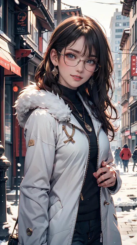 same,,  1 girl, animal, animal on shoulder, bird,  Black Eyewear,   black eyes,   black hair, blue null,  cityscape , clear null,  comments, day,  earrings, Putting on glasses, I took off my glasses, fur  comments,  jacket ,   jewelry,  long hair,  facing ...