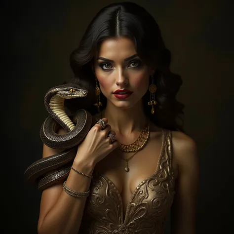 IMG_7642.CR2: ((Masterpiece)), ((ultra-detailed, 8k quality)), (top quality), (best composition), (high resolution), (femme fatale with cobra motif), seductive woman with piercing eyes, draped in a flowing silk gown, detailed snake-like patterns embroidere...