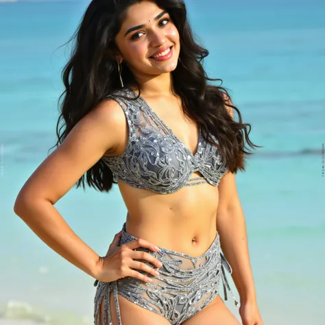 A stunning beach scene featuring Krithi Shetty in a fashionable Grey triangle bikini, exuding confidence and allure. She is standing on a sun-kissed shore with crystal-clear blue water in the background, her radiant smile captivating the viewer. The sunlig...