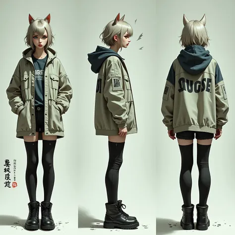 Angry woman with dark hair and cat ears standing on a city street, Pictures inspired by Kano Naizen, Tumbler,  graffiti,  dark-haired girl,  with a white background she is wearing streetwear,  cyberpunk streetwear ,  Japanese streetwear , wearing  cyberpun...