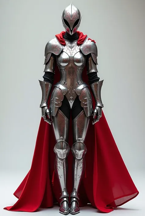 A fantasy medieval silver armor for females with red color designs, full body (head to toe), no person wearing it, person not visible, no capes, no extra accessories, only armor