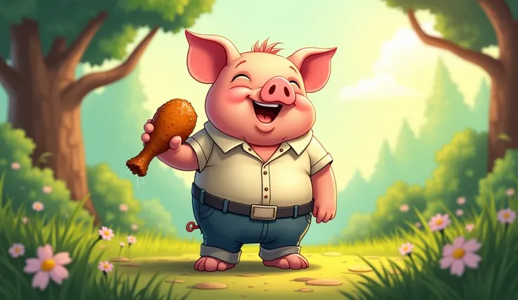 A cartoon pig in pants and a shirt is standing in a clearing and looking into the distance. fried chicken leg in hand