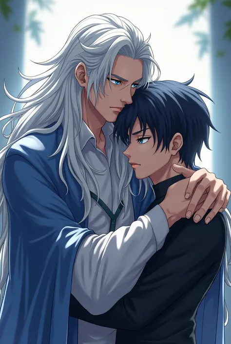 Anime photo of emperor man with long hair, white hair, blue eyes, hugging, black short hair man