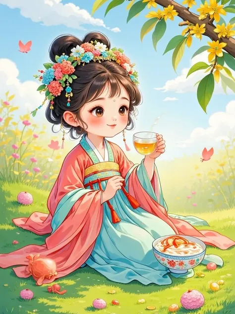 Colored pencils，   Fairy Tale   ， Hand Painted Texture   ，Exquisite，   very cute ， Photos of sitting in the park，tremble ， Blue sky and white clouds，warmth，    Vivid Color    ，three dimensional，    HD  , Apple tree，Mother of pearl milk tea in hands