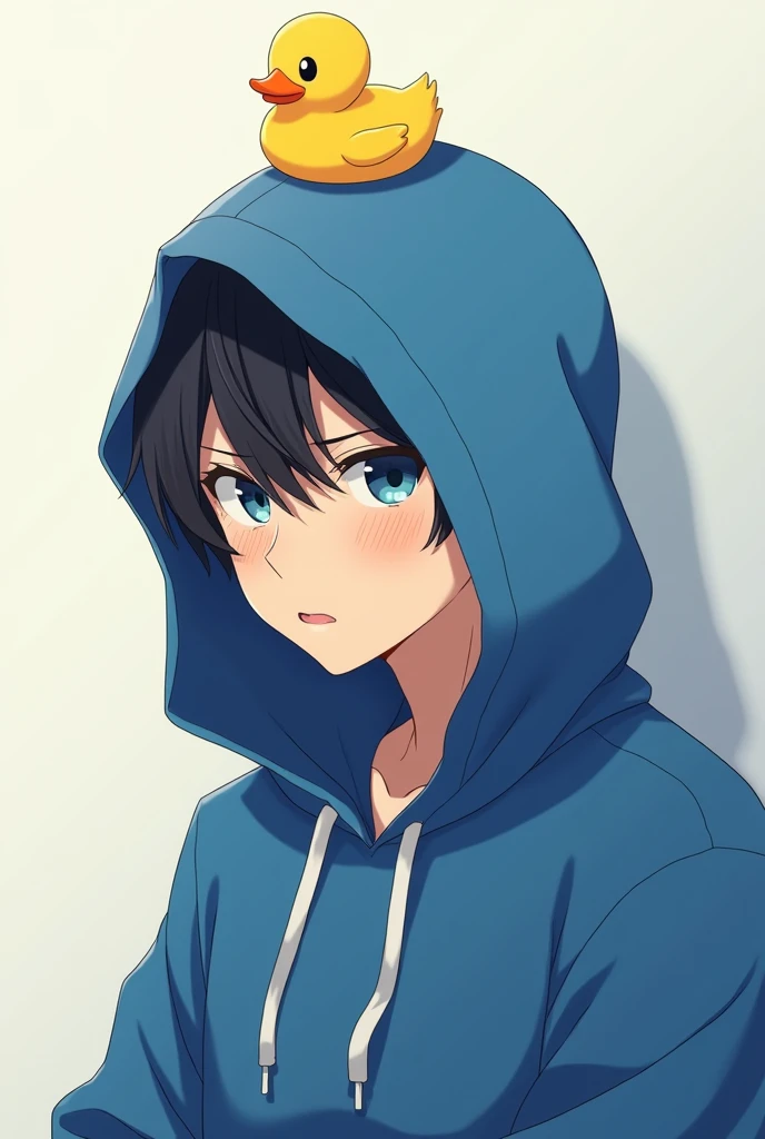 Anime young adult (26 years old) with a blue hoodie with the hood covering his eyes with a bit of shading with a rubber duck on his head