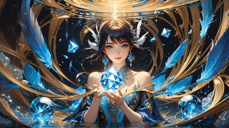 (( best quality)),( super high definition),( very detailed),(  Detailed Help ),(( best CG )),( Best Works of Art ), Ultra Precision Art , Amazing Paintings ,(Fine Fine Art :1.5), woman, smile,  octahedron , Feather ornament, Sharp makeup, water earring,  T...