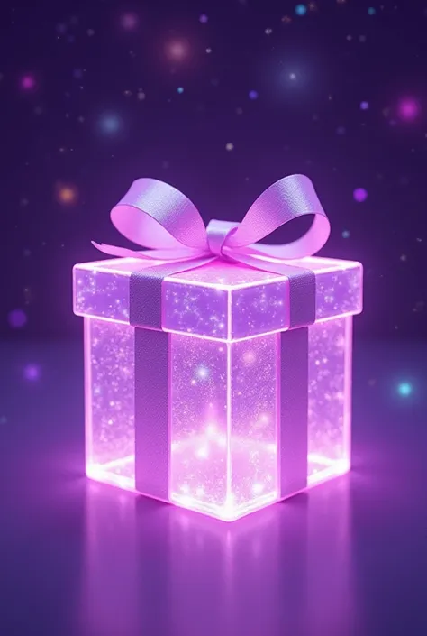 "Create a shimmering, translucent purple gift box with glowing edges and a holographic effect. The box should have a glossy finish and a ribbon tied in a neat bow on top, blending soft pastel tones of  purple. Position the box slightly off-center on the le...