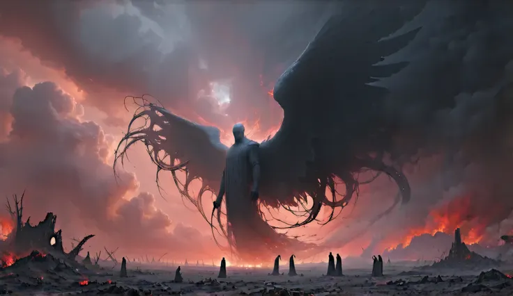  A colossal fallen angel floating above a destroyed field .  It is partly shrouded in undulating shadows that transform into tentacles , manipulating kneeling human figures .  Your presence dominates the scenery ,  while a sky filled with dark and red clou...