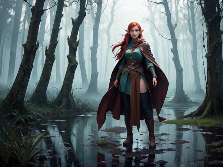 Create an image of a half-elf sorceress with fiery red hair, dressed in practical brown adventurer's attire, including sturdy boots and a weathered cloak. She stands in a misty, eerie swamp, with gnarled trees and pools of murky water surrounding her. Desp...