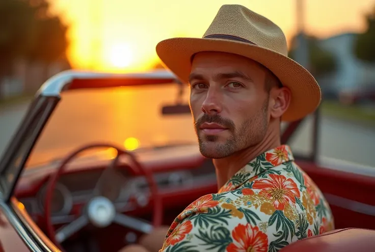  in the background, a professional photo of a realistic young bald man wearing a Hawaiian shirt and a straw hat in a retro convertible, Sunset, evening light