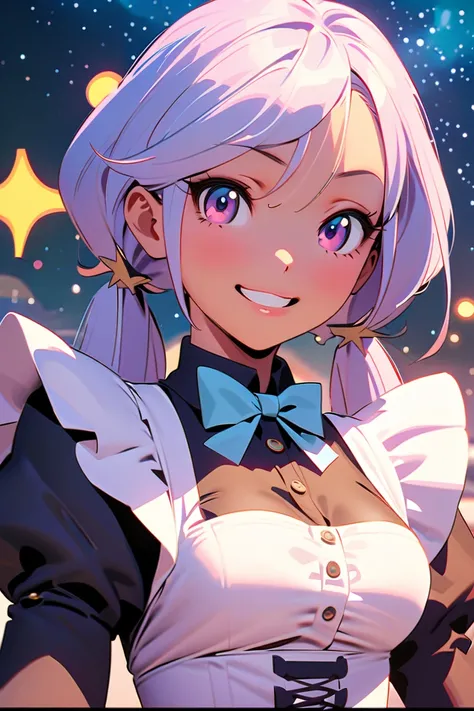 Light skin anime lady with African American skin, wearing a mask, light blue long hair in pig tails, maid outfit , night sky, artwork in the style of guweiz, anime style. 8k, style anime, ross tran style, anime style 4 k, boyl fanart, beautiful anime art s...