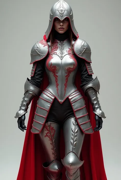 A fantasy medieval silver armor for females with red color designs, full body (head to toe), no person wearing it, person not visible, NO CAPES, no extra accessories, only armor