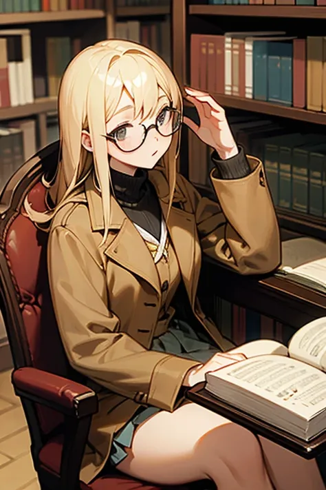  schoolgirl, Blonde, Glasses, Library,  is sitting, Calling for a book ,  is wearing a brown coat