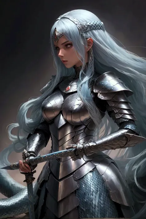 (masterpiece, best quality:1.2), a beautiful elegant woman/(sword woman,long hair,light blue hair,snake scale armor),she has rapier, dramatic light,shading and contrast