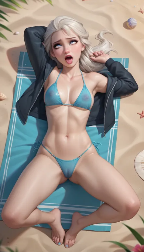 Elsa,   blue eyes  ,  white hair  , ahegao,   is wearing a black uniform, Full body,  front view, sitzt  on the beach ,  legs spread, barefoot , of the coasts ,  on the beach , light blue see-through two-piece bikini, thick underwear, Very thin bikini,  na...