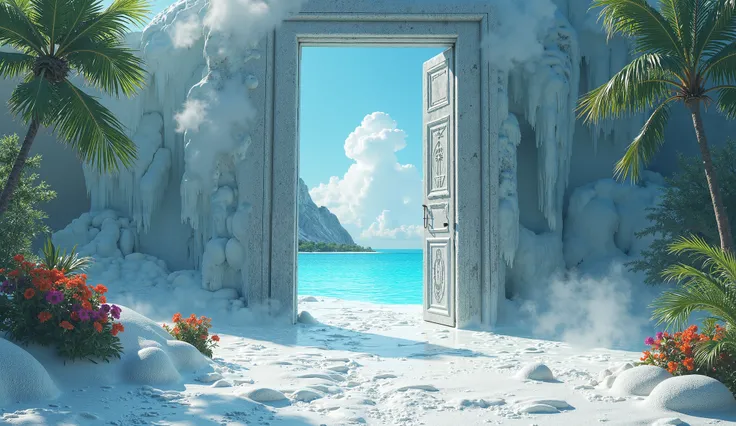 In a frozen toundra. A door leading to a paradise island. Hot and cold contrast.