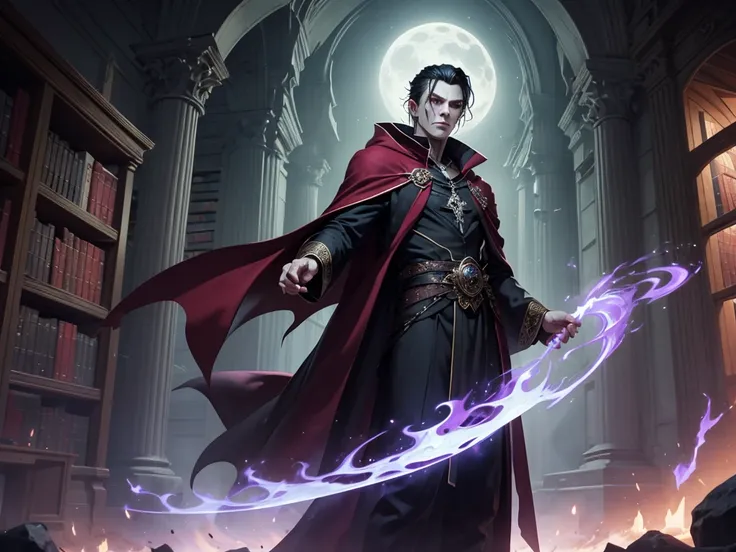 Create an image of a half-vampire sorcerer who exudes a kind and noble presence. His skin is pale, reflecting his vampiric lineage, but his gentle expression and warm, crimson eyes convey his kind-hearted nature. He wears elegant robes with intricate patte...