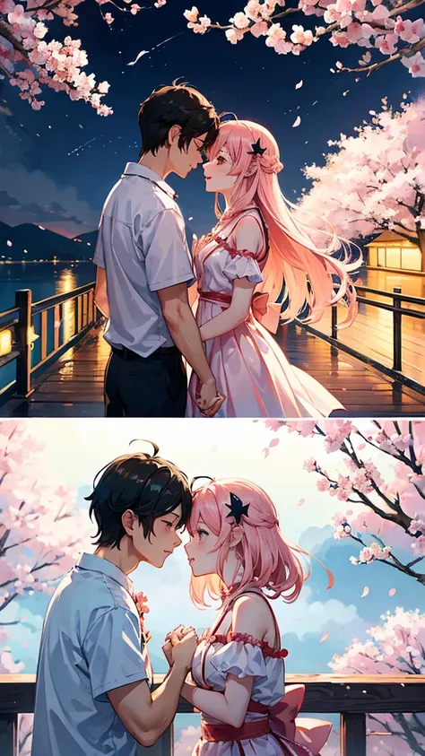 tanabata valentine's day romantic poster，Couple kissing on wooden bridge ，Peach blossoms are blooming on both sides of the river ， Countless pink petals have fallen from the sky ， some magpies were flying in the sky ， close-up chest