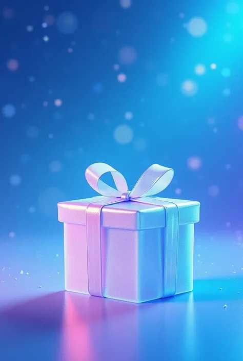 Create a shimmering, translucent blue gift box with  edges and a holographic effect. The box should have a glossy finish and a ribbon tied in a neat bow on top, blending soft pastel tones of pink, purple, and blue. Position the box slightly off-center on t...